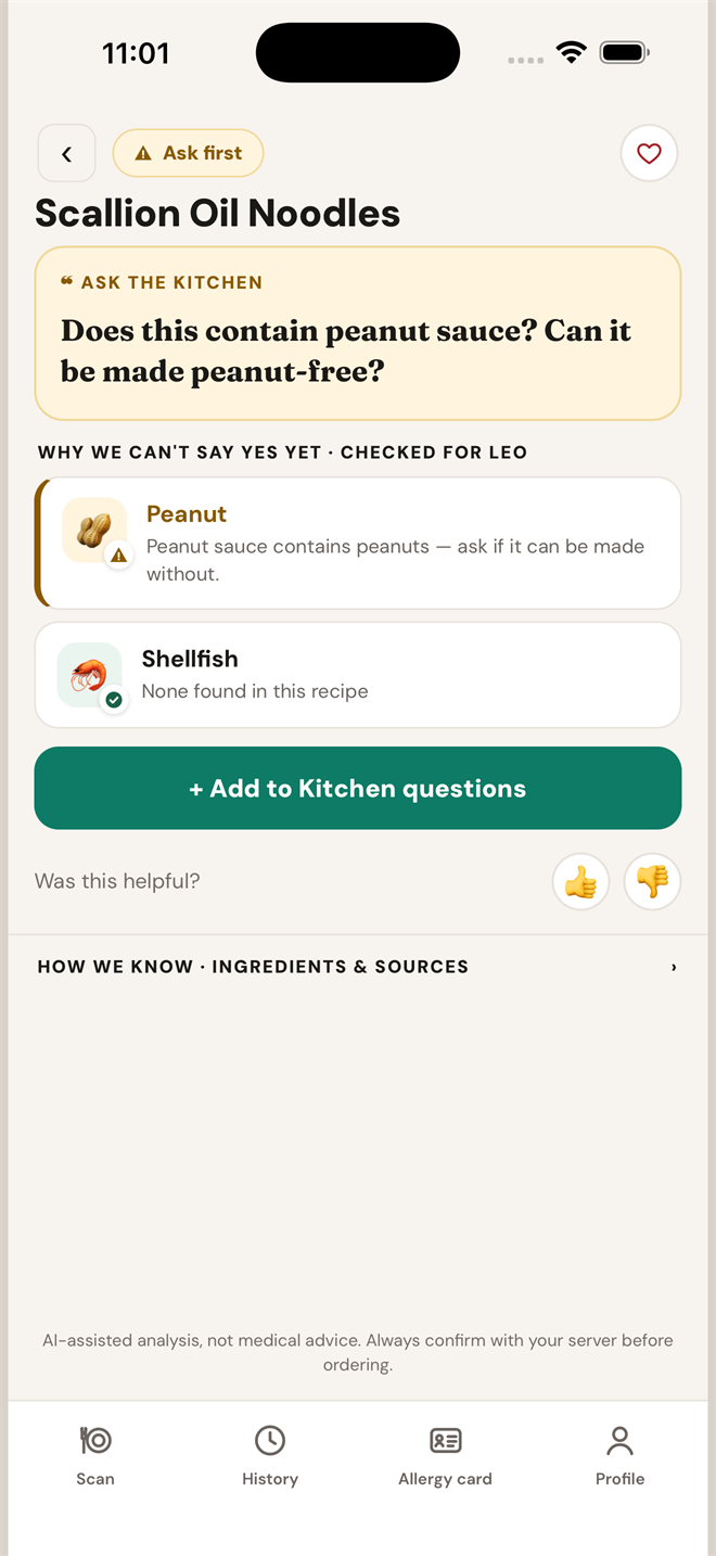 The scallion oil noodles dish page asking the kitchen whether it contains peanut sauce and if it can be made peanut-free