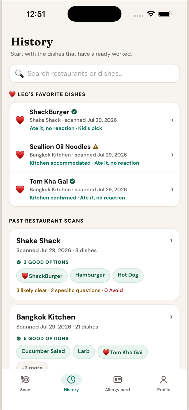 The History screen with favorite dishes that worked and past restaurant scans for Shake Shack and Bangkok Kitchen