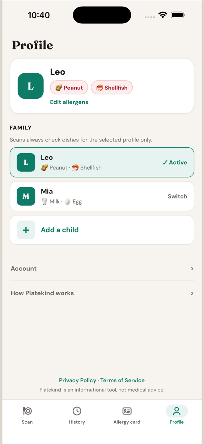 The Platekind profile screen with two children, Leo with peanut and shellfish allergies and Mia with milk and egg allergies