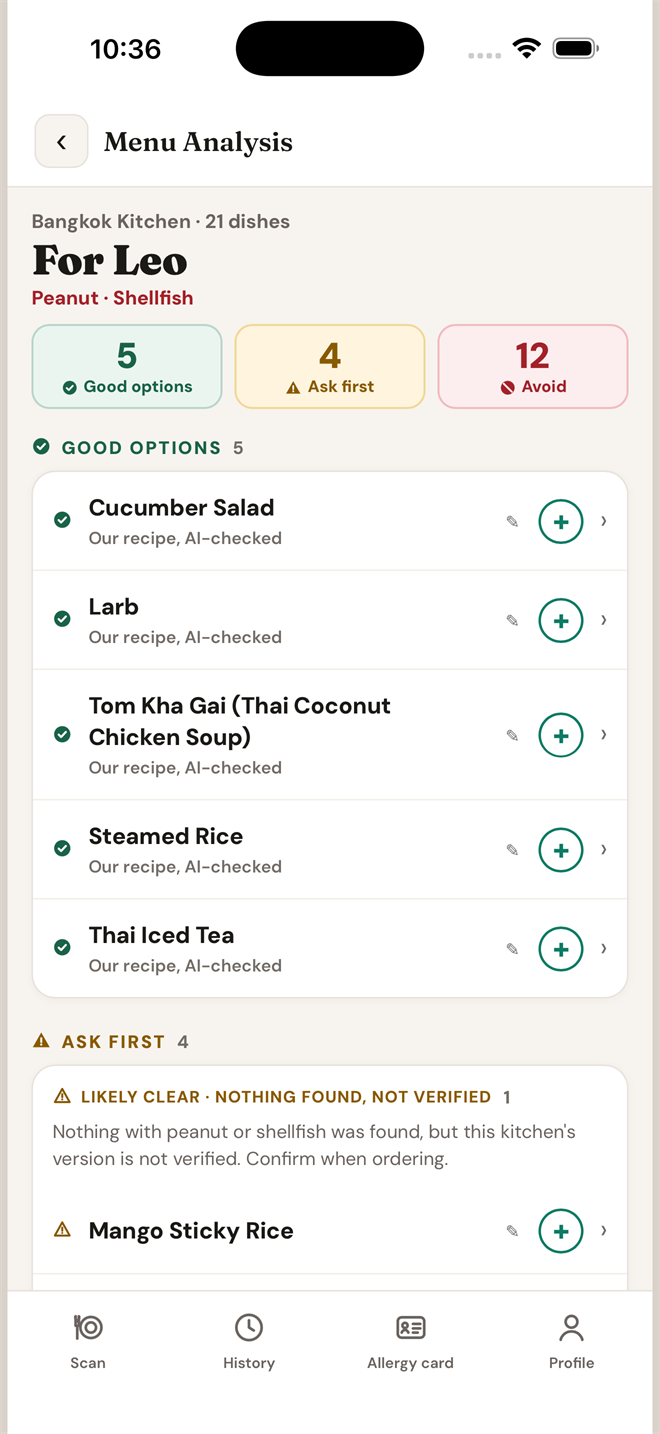 Platekind results for Bangkok Kitchen, 21 dishes sorted into Good options, Ask first, and Avoid for a child allergic to peanut and shellfish